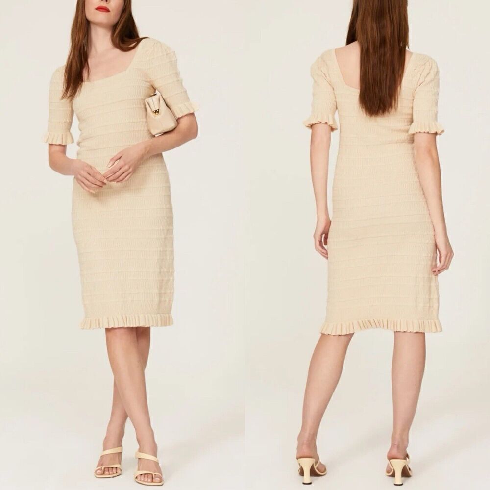 ADAM LIPPES Collective Dress Women Small Smocked Ruffle Sweater Knit Beige